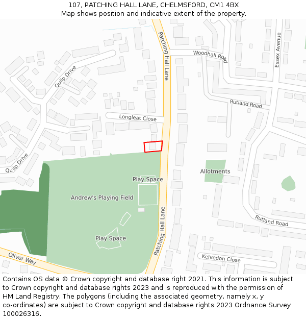 107, PATCHING HALL LANE, CHELMSFORD, CM1 4BX: Location map and indicative extent of plot