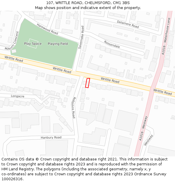 107, WRITTLE ROAD, CHELMSFORD, CM1 3BS: Location map and indicative extent of plot