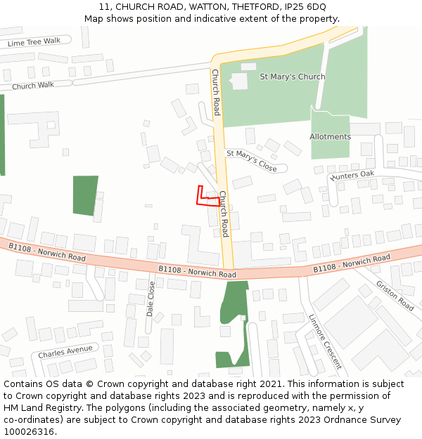 11, CHURCH ROAD, WATTON, THETFORD, IP25 6DQ: Location map and indicative extent of plot