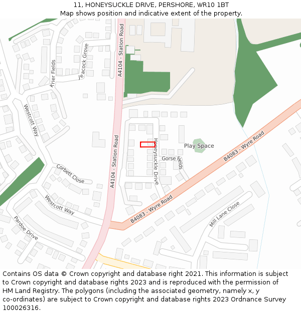 11, HONEYSUCKLE DRIVE, PERSHORE, WR10 1BT: Location map and indicative extent of plot