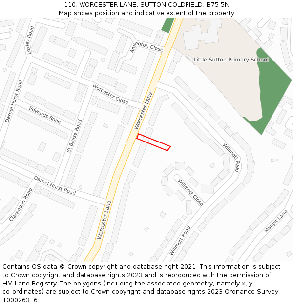 110, WORCESTER LANE, SUTTON COLDFIELD, B75 5NJ: Location map and indicative extent of plot