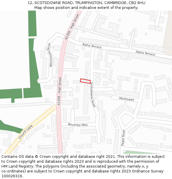 12, SCOTSDOWNE ROAD, TRUMPINGTON, CAMBRIDGE, CB2 9HU: Location map and indicative extent of plot