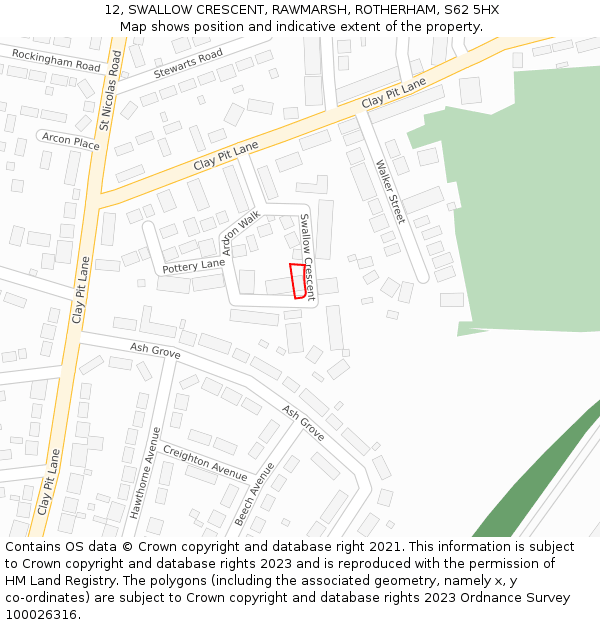 12, SWALLOW CRESCENT, RAWMARSH, ROTHERHAM, S62 5HX: Location map and indicative extent of plot