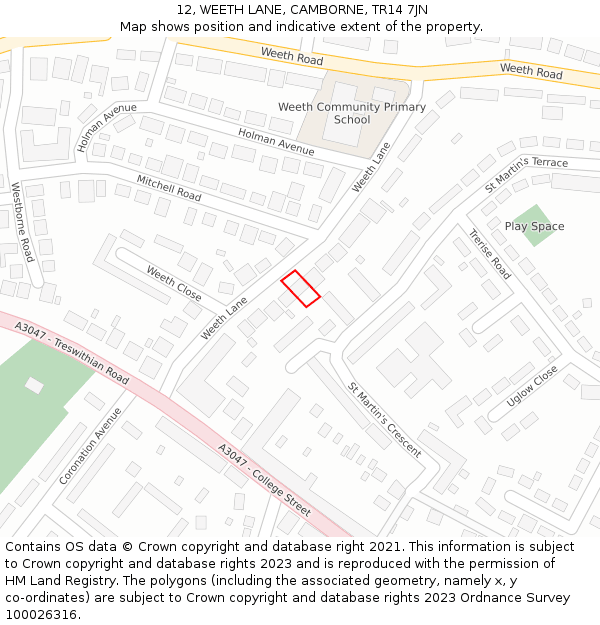 12, WEETH LANE, CAMBORNE, TR14 7JN: Location map and indicative extent of plot