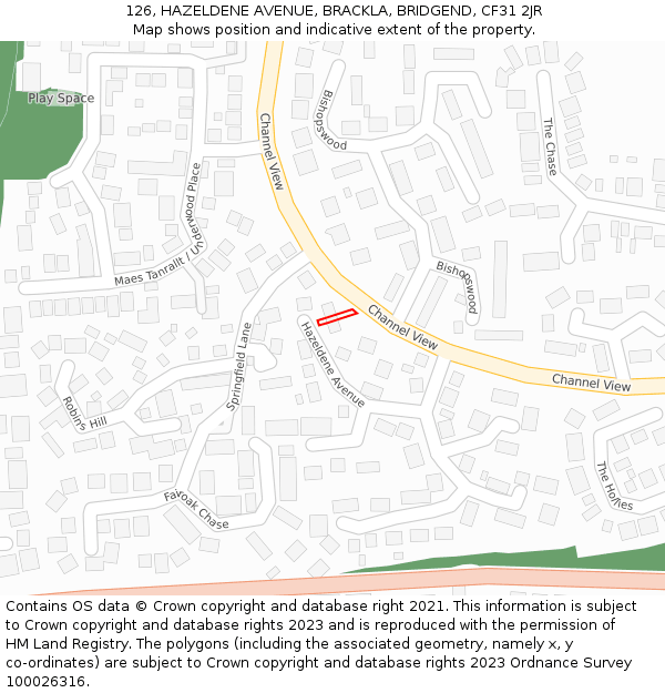 126, HAZELDENE AVENUE, BRACKLA, BRIDGEND, CF31 2JR: Location map and indicative extent of plot