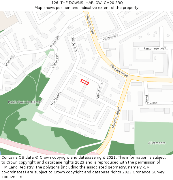 126, THE DOWNS, HARLOW, CM20 3RQ: Location map and indicative extent of plot