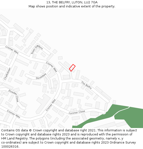 13, THE BELFRY, LUTON, LU2 7GA: Location map and indicative extent of plot