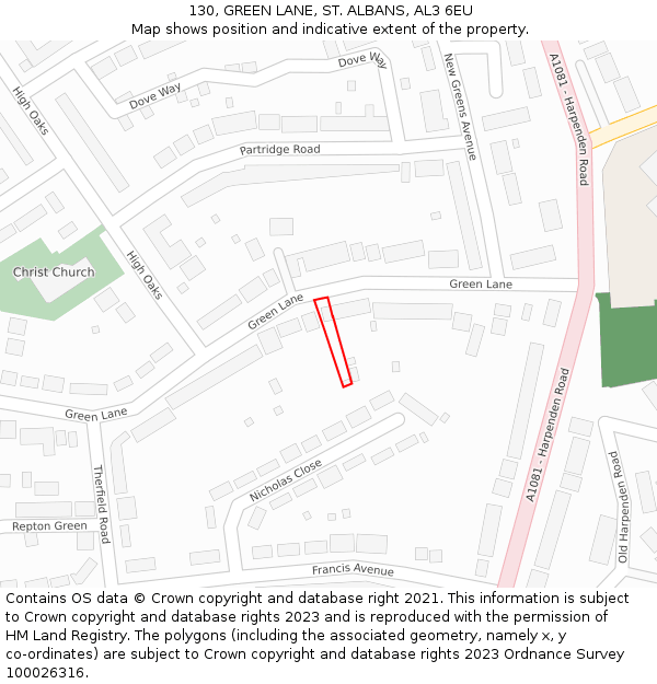 130, GREEN LANE, ST. ALBANS, AL3 6EU: Location map and indicative extent of plot