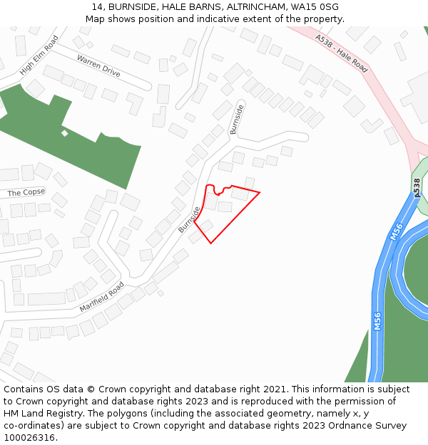14, BURNSIDE, HALE BARNS, ALTRINCHAM, WA15 0SG: Location map and indicative extent of plot