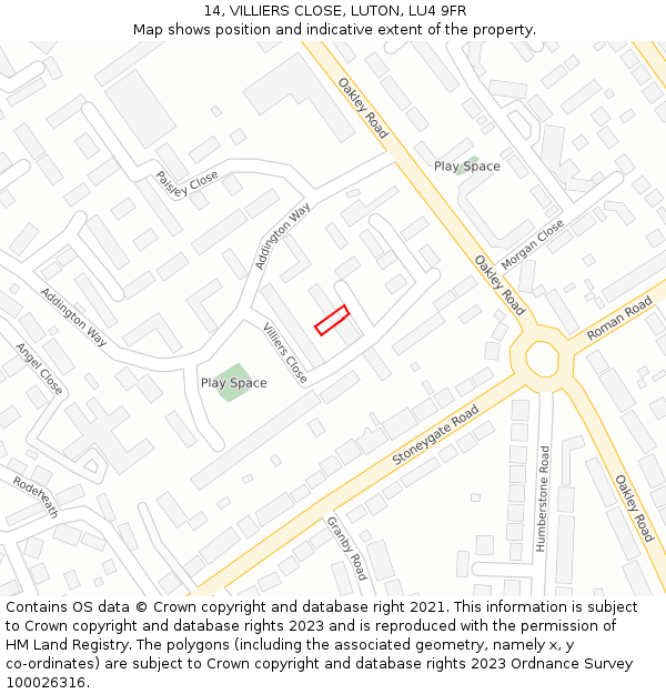 14, VILLIERS CLOSE, LUTON, LU4 9FR: Location map and indicative extent of plot