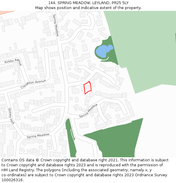 144, SPRING MEADOW, LEYLAND, PR25 5LY: Location map and indicative extent of plot
