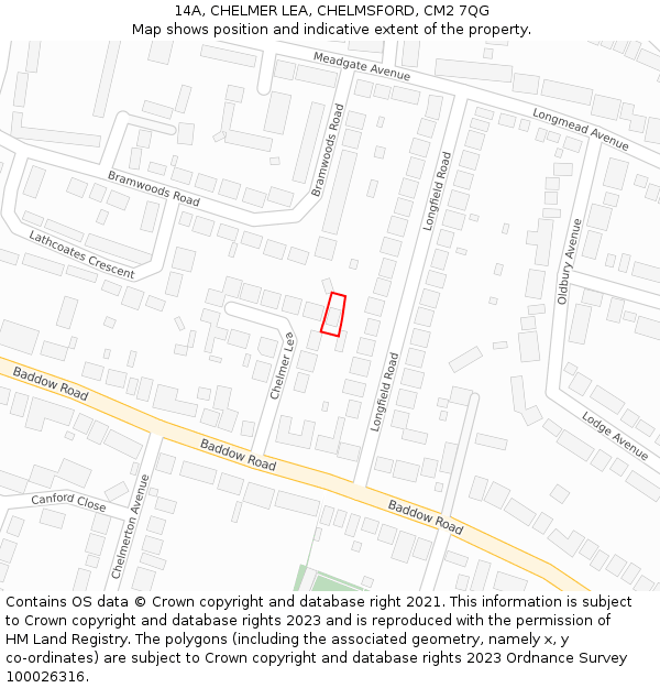 14A, CHELMER LEA, CHELMSFORD, CM2 7QG: Location map and indicative extent of plot