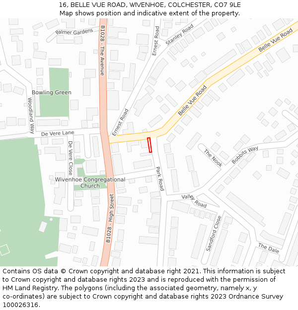 16, BELLE VUE ROAD, WIVENHOE, COLCHESTER, CO7 9LE: Location map and indicative extent of plot