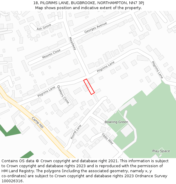 18, PILGRIMS LANE, BUGBROOKE, NORTHAMPTON, NN7 3PJ: Location map and indicative extent of plot