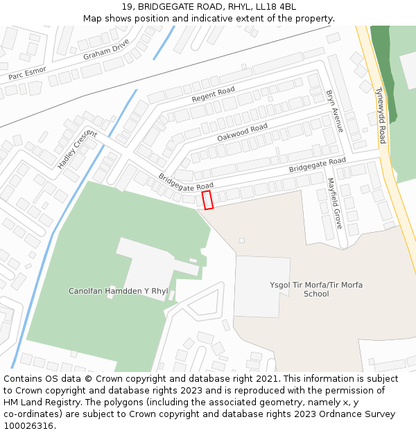 19, BRIDGEGATE ROAD, RHYL, LL18 4BL: Location map and indicative extent of plot