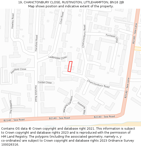 19, CHANCTONBURY CLOSE, RUSTINGTON, LITTLEHAMPTON, BN16 2JB: Location map and indicative extent of plot
