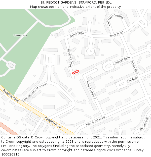 19, REDCOT GARDENS, STAMFORD, PE9 1DL: Location map and indicative extent of plot