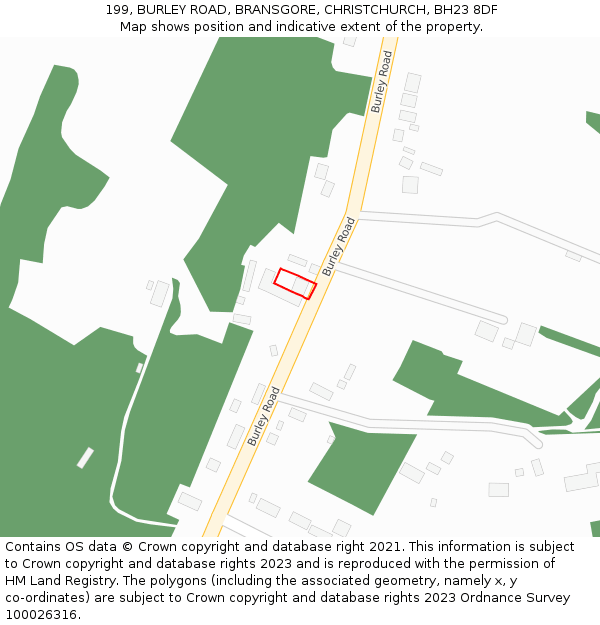 199, BURLEY ROAD, BRANSGORE, CHRISTCHURCH, BH23 8DF: Location map and indicative extent of plot