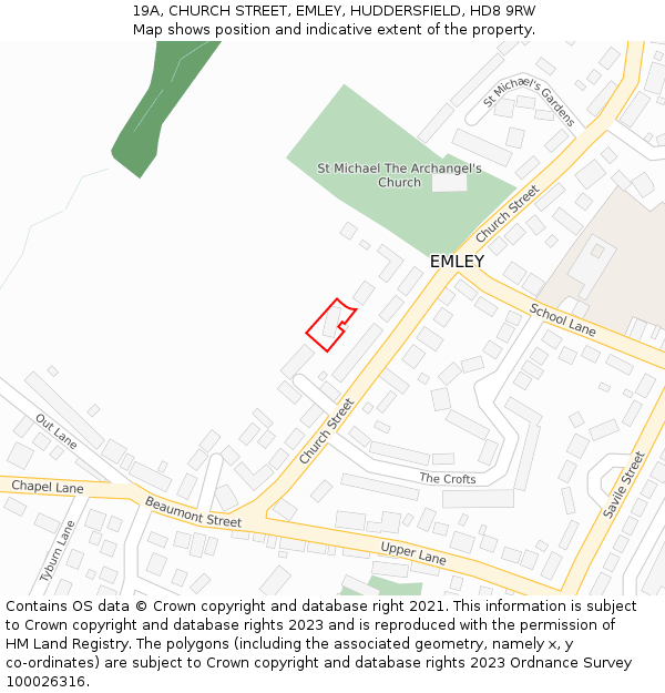 19A, CHURCH STREET, EMLEY, HUDDERSFIELD, HD8 9RW: Location map and indicative extent of plot