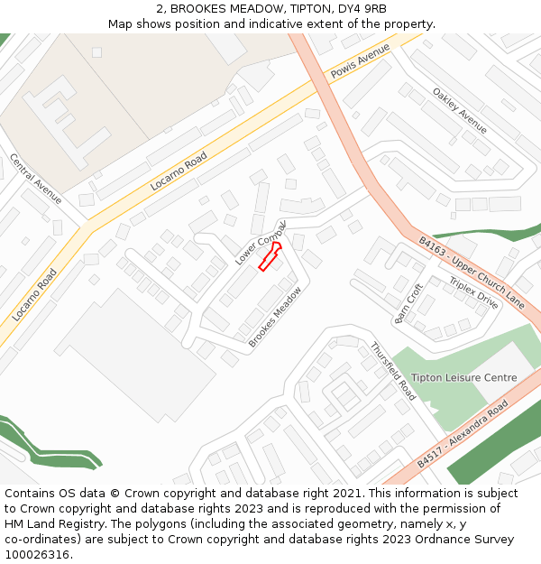 2, BROOKES MEADOW, TIPTON, DY4 9RB: Location map and indicative extent of plot