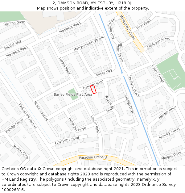 2, DAMSON ROAD, AYLESBURY, HP18 0JL: Location map and indicative extent of plot