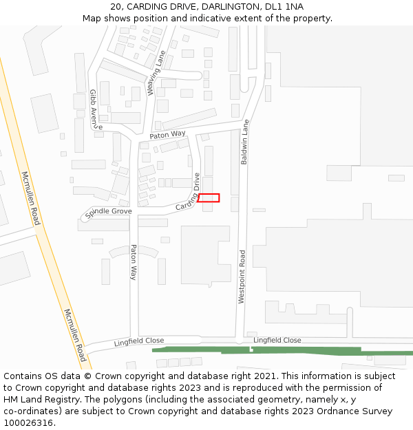 20, CARDING DRIVE, DARLINGTON, DL1 1NA: Location map and indicative extent of plot