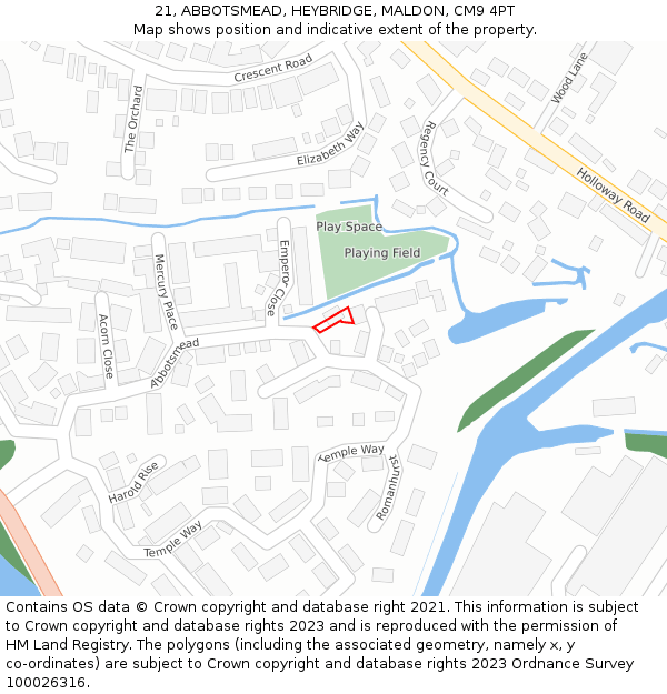 21, ABBOTSMEAD, HEYBRIDGE, MALDON, CM9 4PT: Location map and indicative extent of plot