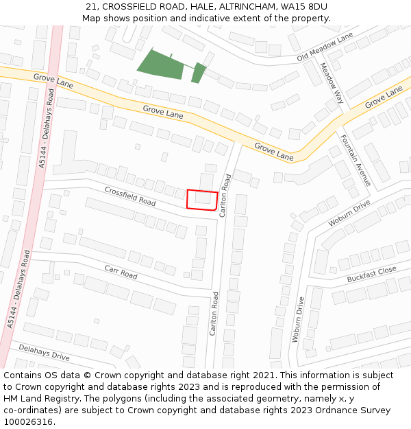 21, CROSSFIELD ROAD, HALE, ALTRINCHAM, WA15 8DU: Location map and indicative extent of plot