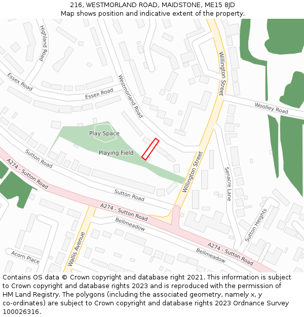 216, WESTMORLAND ROAD, MAIDSTONE, ME15 8JD: Location map and indicative extent of plot