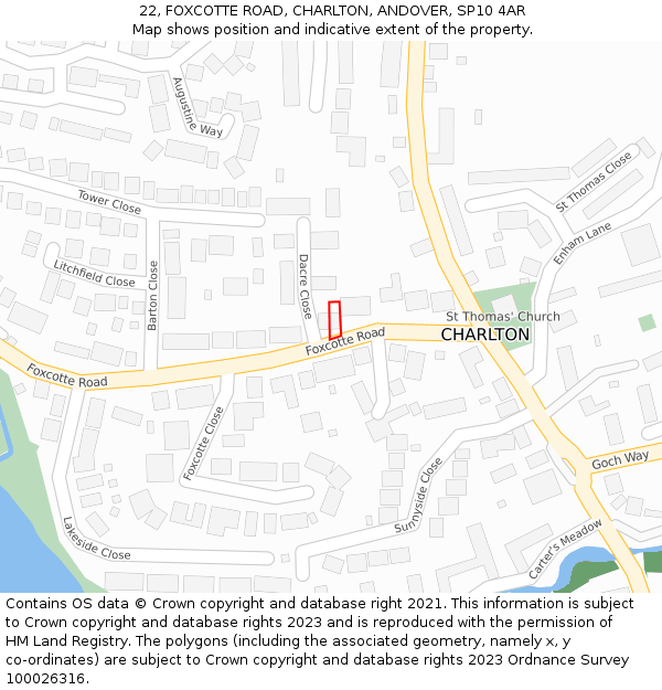 22, FOXCOTTE ROAD, CHARLTON, ANDOVER, SP10 4AR: Location map and indicative extent of plot