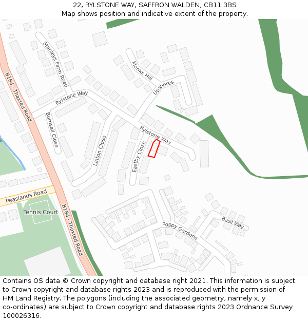 22, RYLSTONE WAY, SAFFRON WALDEN, CB11 3BS: Location map and indicative extent of plot