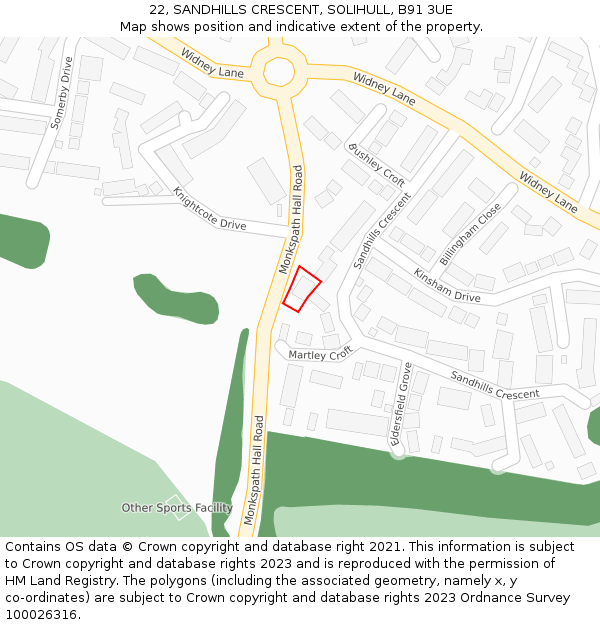 22, SANDHILLS CRESCENT, SOLIHULL, B91 3UE: Location map and indicative extent of plot