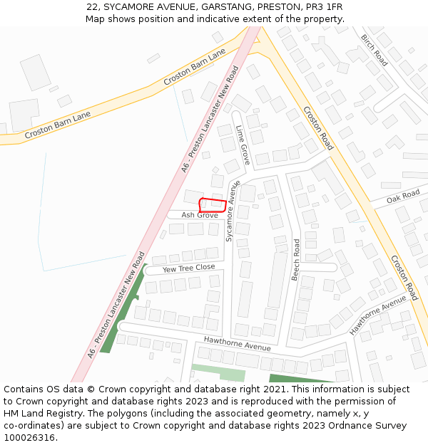 22, SYCAMORE AVENUE, GARSTANG, PRESTON, PR3 1FR: Location map and indicative extent of plot