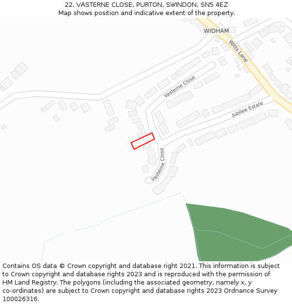 22, VASTERNE CLOSE, PURTON, SWINDON, SN5 4EZ: Location map and indicative extent of plot