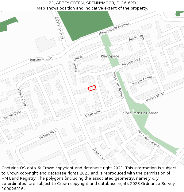23, ABBEY GREEN, SPENNYMOOR, DL16 6PD: Location map and indicative extent of plot
