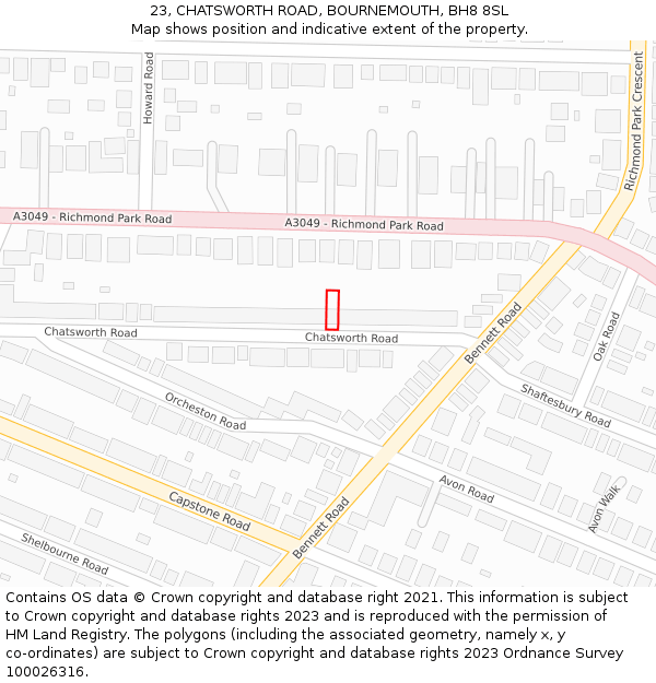 23, CHATSWORTH ROAD, BOURNEMOUTH, BH8 8SL: Location map and indicative extent of plot