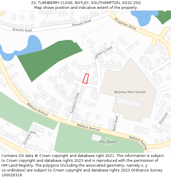 23, TURNBERRY CLOSE, BOTLEY, SOUTHAMPTON, SO32 2SG: Location map and indicative extent of plot