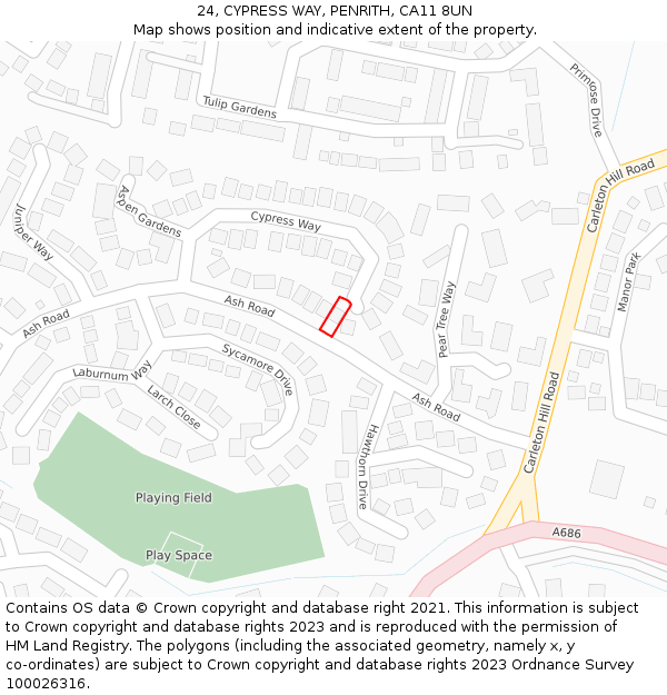 24, CYPRESS WAY, PENRITH, CA11 8UN: Location map and indicative extent of plot