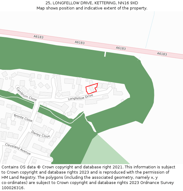 25, LONGFELLOW DRIVE, KETTERING, NN16 9XD: Location map and indicative extent of plot