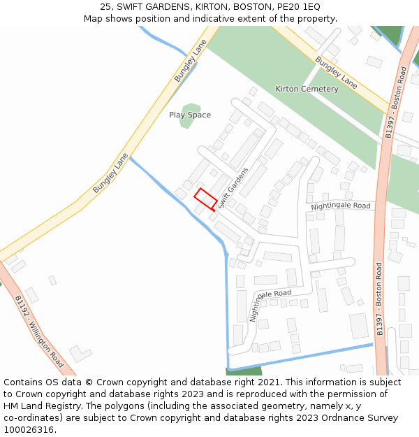 25, SWIFT GARDENS, KIRTON, BOSTON, PE20 1EQ: Location map and indicative extent of plot