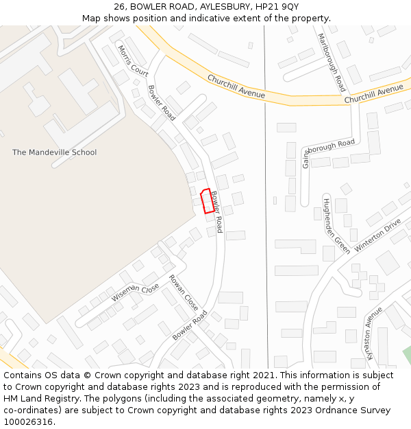 26, BOWLER ROAD, AYLESBURY, HP21 9QY: Location map and indicative extent of plot