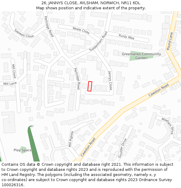 26, JANNYS CLOSE, AYLSHAM, NORWICH, NR11 6DL: Location map and indicative extent of plot