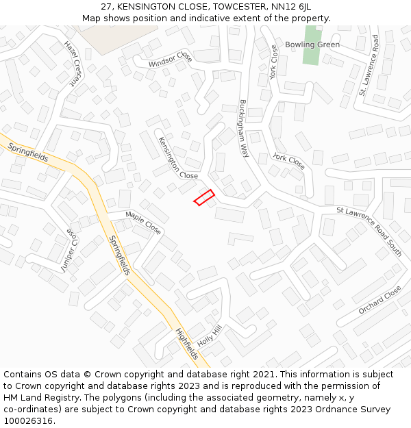 27, KENSINGTON CLOSE, TOWCESTER, NN12 6JL: Location map and indicative extent of plot