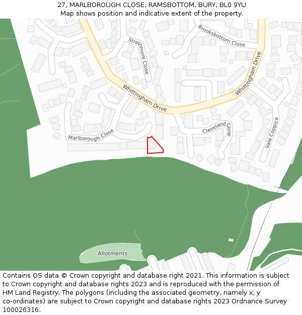 27, MARLBOROUGH CLOSE, RAMSBOTTOM, BURY, BL0 9YU: Location map and indicative extent of plot
