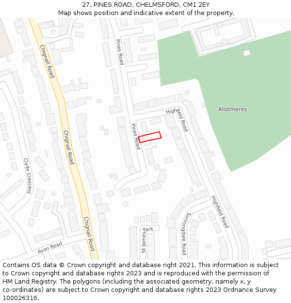 27, PINES ROAD, CHELMSFORD, CM1 2EY: Location map and indicative extent of plot