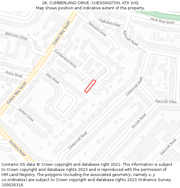 28, CUMBERLAND DRIVE, CHESSINGTON, KT9 1HQ: Location map and indicative extent of plot