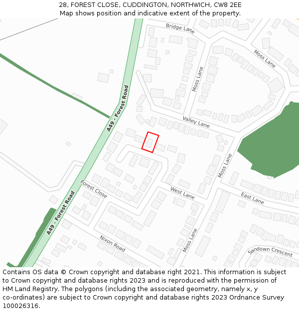 28, FOREST CLOSE, CUDDINGTON, NORTHWICH, CW8 2EE: Location map and indicative extent of plot