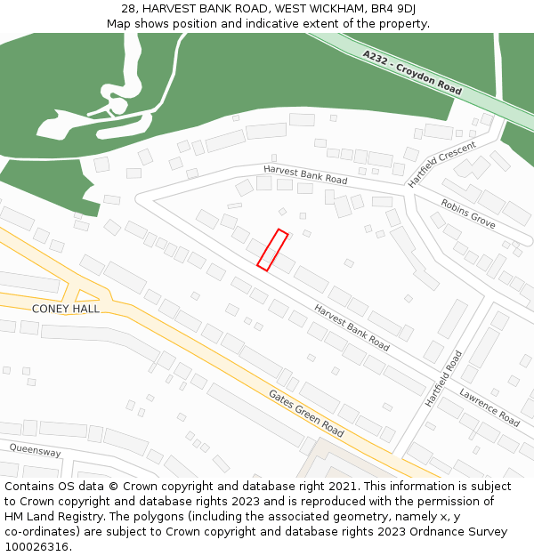 28, HARVEST BANK ROAD, WEST WICKHAM, BR4 9DJ: Location map and indicative extent of plot