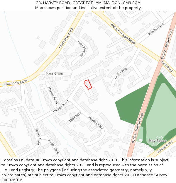 28, HARVEY ROAD, GREAT TOTHAM, MALDON, CM9 8QA: Location map and indicative extent of plot