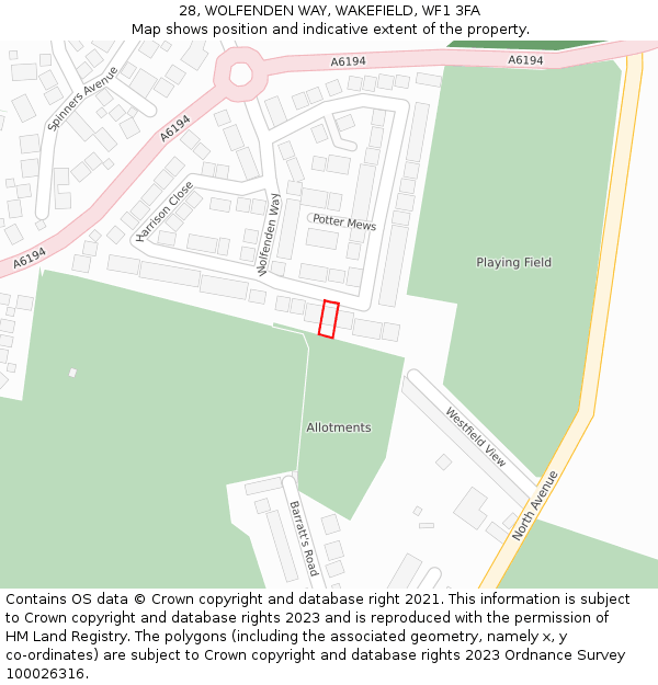 28, WOLFENDEN WAY, WAKEFIELD, WF1 3FA: Location map and indicative extent of plot